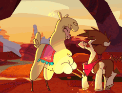 Size: 563x433 | Tagged: safe, arizona (tfh), paprika (tfh), alpaca, cow, them's fightin' herds, animated, chest fluff, community related, derp, duo, female, gameplay, gif, kissing, menace, scrunchy face, that alpaca sure does love kisses
