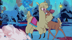 Size: 688x386 | Tagged: safe, paprika (tfh), velvet (tfh), alpaca, deer, moose, reindeer, them's fightin' herds, animated, chest fluff, community related, do not want, duo, female, gameplay, gif, kissing, scrunchy face, sno, snow, that alpaca sure does love kisses