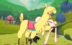 Size: 617x387 | Tagged: safe, paprika (tfh), pom (tfh), alpaca, dog, lamb, sheep, them's fightin' herds, animated, bell, bell collar, chest fluff, collar, community related, do not want, female, gameplay, gif, kissing, puppy, scrunchy face, that alpaca sure does love kisses