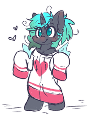 Size: 1616x2245 | Tagged: safe, artist:ruef, oc, oc only, oc:iridescent, changeling, bipedal, changeling oc, cheek fluff, clothes, cute, ear fluff, fluffy changeling, foal, hoodie, smiling, solo