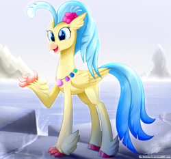 Size: 1871x1742 | Tagged: safe, alternate version, artist:the-butch-x, princess skystar, classical hippogriff, hippogriff, g4, my little pony: the movie, cloven hooves, feathered fetlocks, female, flower, flower in hair, folded wings, jewelry, long legs, mount aris, necklace, open mouth, open smile, raised claw, scene interpretation, shell, shell necklace, smiling, solo, tall, this will end in grounding, water, wings