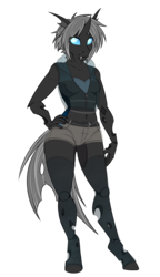 Size: 1996x3469 | Tagged: safe, artist:askbubblelee, edit, oc, oc only, oc:imago, changeling, anthro, belly button, clothes, see-through, simple background, solo, transparent background