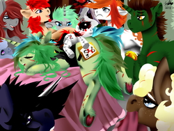 Size: 1600x1200 | Tagged: safe, artist:brainiac, oc, oc:blackjack, oc:brush stroke, oc:cerise, oc:cradle, oc:piper, oc:servus liber, oc:type writer, oc:uncharted pages, earth pony, pegasus, pony, unicorn, bronycon, fallout equestria, fallout equestria: project horizons, blanket, burger, chest fluff, clothes, convention, cosplay, costume, devil horn (gesture), ear fluff, female, floppy ears, fluffy, food, freckles, frog (hoof), hotel room, male, mare, mcdonald's, passed out, plushie, raider, serper, shoulder fluff, sleeping, stallion, sticky note, underhoof