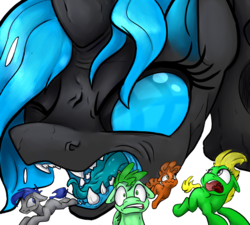 Size: 666x600 | Tagged: safe, artist:royalagate, artist:transparentist, artist:tsitra360, color edit, derpibooru exclusive, edit, oc, oc only, oc:fleet wing, oc:honeymelon blitz, changeling, earth pony, pony, blue tongue, colored, colored sketch, fangs, female, imminent vore, implied vore, macro, male, micro, no pupils, open mouth, running, scared, shading edit, sharp teeth, simple background, stare down, staredown, teeth, tongue out, transparent background