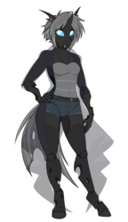 Size: 1996x3469 | Tagged: safe, artist:askbubblelee, edit, oc, oc only, oc:imago, changeling, anthro, clothes, see-through, simple background, solo, transparent background