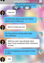 Size: 710x1020 | Tagged: safe, adagio dazzle, spike, spike the regular dog, dog, equestria girls, g4, chat, crossover, five nights at freddy's, foxy, male, meme, text, texts from ponies