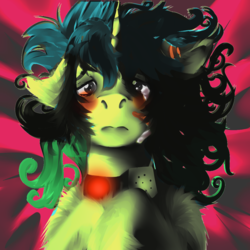 Size: 1024x1024 | Tagged: safe, artist:brainiac, oc, oc only, oc:piper, pony, unicorn, abstract background, bed, blushing, bomb, bomb collar, chest fluff, collar, dramatic lighting, ear fluff, female, floppy ears, frown, mare, pet play, raider, scar, shoulder fluff, slave, solo, tears of fear, teary eyes, weapon