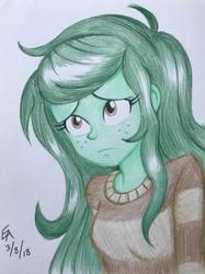 Size: 718x960 | Tagged: safe, artist:mayorlight, wallflower blush, equestria girls, equestria girls specials, g4, my little pony equestria girls: better together, my little pony equestria girls: forgotten friendship, ahoge, colored pencil drawing, cute, featured image, female, flowerbetes, freckles, sad, signature, simple background, solo, traditional art, white background