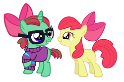Size: 996x659 | Tagged: safe, apple bloom, oc, oc:straight a's, g4, bow, clothes, glasses, sweater