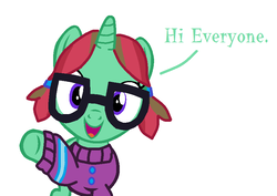 Size: 843x596 | Tagged: safe, oc, oc only, oc:straight a's, pony, buttons, clothes, glasses, pigtails, solo, sweater, waving