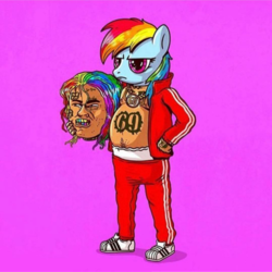 Size: 3000x3000 | Tagged: safe, artist:alexmdc, rainbow dash, pony, g4, 6ix9ine, adidas, body hair, clothes, costume, disguise, fat, female, frown, gold chains, high res, jacket, mask, masking, needs more saturation, open mouth, pants, popped collar, purple background, rainbow hair, shoes, simple background, solo, tattoo, tracksuit