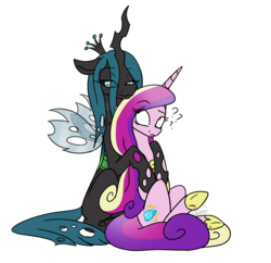 Size: 2182x2108 | Tagged: safe, artist:ggchristian, princess cadance, queen chrysalis, alicorn, changeling, changeling queen, pony, g4, a better ending for chrysalis, cutie mark, female, high res, horn, hug, if only, infidelity, jewelry, lesbian, question mark, raised eyebrow, regalia, ship:cadalis, shipping, simple background, sitting, what if, white background, wings