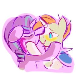 Size: 750x734 | Tagged: safe, artist:takshive, starlight glimmer, sunburst, pony, unicorn, g4, cute, eyes closed, female, floppy ears, holding each other, hoof on head, hug, male, mare, ship:starburst, shipping, smiling, stallion, straight