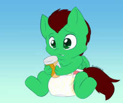 Size: 723x606 | Tagged: safe, artist:fangthefox, oc, oc only, oc:northern haste, anthro, unguligrade anthro, age regression, anthro oc, baby, commission, diaper, foal, pill bottle, pills, simple background, solo