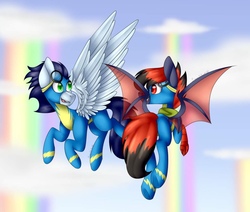 Size: 2048x1735 | Tagged: safe, artist:liamsartworld, soarin', oc, oc:blue pixel, bat pony, griffon, hybrid, pony, g4, bandana, bat pony griffon, clothes, talons, uniform, wonderbolts uniform