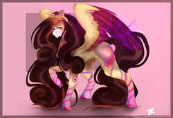 Size: 2500x1700 | Tagged: safe, artist:copshop, oc, oc only, oc:charlotte, pegasus, pony, coat markings, colored hooves, colored wings, colored wingtips, concave belly, female, fit, large wings, mare, partially open wings, pink background, rainbow power, raised hoof, simple background, slender, solo, swirly markings, thin, unshorn fetlocks, wings