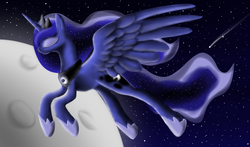 Size: 1360x800 | Tagged: safe, artist:luminousdazzle, princess luna, alicorn, pony, g4, 2013, eyes closed, female, flying, mare, moon, shooting star, solo, space