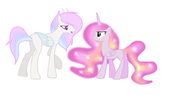 Size: 1483x833 | Tagged: safe, artist:pinkgalaxy56, oc, oc only, oc:pink galaxy, oc:sunshine, alicorn, hybrid, pony, female, interspecies offspring, mare, offspring, parent:discord, parent:princess celestia, parents:dislestia, simple background, white background
