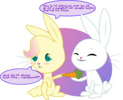 Size: 1786x1449 | Tagged: safe, artist:blupolicebox, angel bunny, fluttershy, rabbit, g4, angelbetes, blushing, bunnified, bunnyshy, carrot, cute, dialogue, eyes closed, female, food, male, present, sharing, ship:angelshy, shipping, shyabetes, simple background, smiling, species swap, speech bubble, straight, transformation, transformed