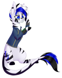 Size: 2065x2597 | Tagged: safe, artist:ohhoneybee, oc, oc only, oc:kelyps, pony, zebra, clothes, high res, jumpsuit, male, pipbuck, simple background, sitting, solo, transparent background, vault suit, zebra oc