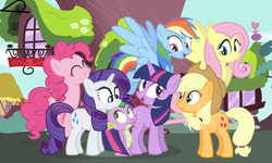 Size: 1000x600 | Tagged: safe, artist:dm29, applejack, fluttershy, pinkie pie, rainbow dash, rarity, spike, twilight sparkle, dragon, earth pony, pegasus, pony, unicorn, g4, applejack's hat, cowboy hat, eyes closed, female, flying, golden oaks library, group, hat, horn, looking at each other, male, mane seven, mane six, mare, nostalgia, open mouth, ponyville, smiling, spread wings, unicorn twilight, wings
