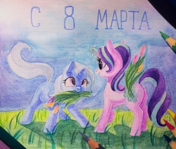Size: 1280x1087 | Tagged: safe, artist:theorderofalisikus, starlight glimmer, trixie, pony, unicorn, g4, butt, cute, cyrillic, duo, female, flower, glimmer glutes, international women's day, lesbian, magic, mare, mouth hold, pencil, plot, russian, ship:startrix, shipping, smiling, telekinesis, text, traditional art, tulip, watercolor painting, women's day