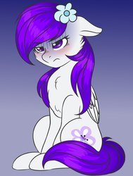 Size: 1631x2160 | Tagged: safe, artist:romablueberry, oc, oc only, oc:diana love heart, pegasus, pony, blushing, cheek fluff, chest fluff, female, floppy ears, flower, flower in hair, frown, gradient background, mare, sitting, solo