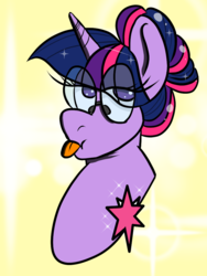 Size: 774x1032 | Tagged: safe, artist:tranzmuteproductions, twilight sparkle, pony, unicorn, g4, 2016, alternate hairstyle, bust, female, glasses, hair bun, mare, portrait, solo, tongue out, unicorn twilight