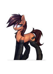 Size: 1793x2480 | Tagged: safe, artist:justafallingstar, oc, oc only, oc:wireless fuzz, cyborg, earth pony, pony, amputee, augmented, female, looking at you, mare, prosthetic limb, prosthetics, simple background, solo, standing, transparent background