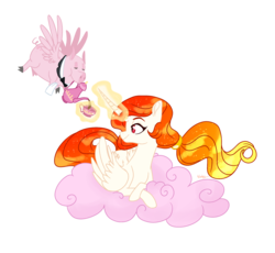 Size: 2368x2176 | Tagged: safe, artist:whalepornoz, oc, oc only, oc:soleria star, alicorn, flying pig, hybrid, pig, pony, art trade, bowtie, clothes, cloud, cotton candy, cotton candy cloud, cup, female, food, high res, interspecies offspring, lying on a cloud, magic, magic aura, mare, offspring, parent:discord, parent:princess celestia, parents:dislestia, simple background, teacup, teapot, telekinesis, transparent background