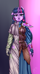 Size: 482x900 | Tagged: safe, artist:pia-sama, twilight sparkle, anthro, g4, angry, clothes, combat armor, commission, dress, female, mage, sad, solo, split screen, torn clothes, two sides
