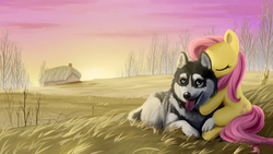 Size: 1920x1080 | Tagged: safe, artist:jeremywithlove, fluttershy, dog, husky, pegasus, pony, g4, cute, eyes closed, female, grass, hug, mare, missing wing, scenery, shyabetes, sitting, solo, tree, wingless