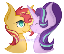 Size: 1149x974 | Tagged: safe, artist:starburst987, starlight glimmer, sunset shimmer, pony, unicorn, g4, bust, cute, eyes closed, female, glimmerbetes, lesbian, mare, shimmerbetes, ship:shimmerglimmer, shipping, simple background, smiling, transparent background, watermark