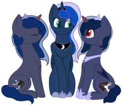 Size: 2272x1920 | Tagged: safe, artist:fawnroseyt, princess luna, oc, g4, cute, female, lunabetes, mother and daughter, offspring, parent:king sombra, parent:princess luna, parents:lumbra, simple background, transparent background, trio