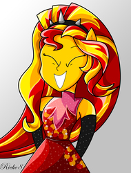 Size: 1902x2500 | Tagged: safe, artist:ricko8, sunset shimmer, equestria girls, equestria girls specials, g4, my little pony equestria girls: better together, my little pony equestria girls: forgotten friendship, clothes, cute, dress, eyes closed, female, grin, hands behind back, happy, ponied up, shimmerbetes, smiling, solo