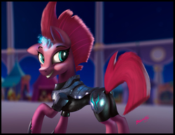 Size: 4000x3091 | Tagged: safe, artist:tavogdl, fizzlepop berrytwist, tempest shadow, pony, g4, my little pony: the movie, broken horn, cute, eye scar, female, horn, raised hoof, scar, smiling, solo, sparking horn, tempestbetes