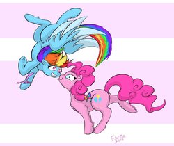 Size: 1024x860 | Tagged: safe, artist:cozmicpandawolf, pinkie pie, rainbow dash, earth pony, pegasus, pony, g4, cute, dashabetes, diapinkes, female, flying, lesbian, looking at each other, mare, ship:pinkiedash, shipping, signature, smiling, tongue out, underhoof
