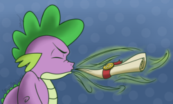 Size: 1024x617 | Tagged: safe, artist:cadetredshirt, spike, g4, dragon mail, fire, fire breath, male, scroll, sneezing, solo