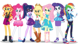 Size: 1966x1107 | Tagged: safe, applejack, fluttershy, pinkie pie, rainbow dash, rarity, sci-twi, sunset shimmer, twilight sparkle, equestria girls, g4, my little pony equestria girls: better together, official, clothes, converse, cutie mark on clothes, geode of empathy, geode of fauna, geode of shielding, geode of sugar bombs, geode of super speed, geode of super strength, hand on hip, humane five, humane seven, humane six, magical geodes, multicolored hair, rah rah skirt, shoes, simple background, skirt, transparent background