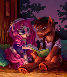 Size: 2362x2716 | Tagged: safe, artist:holivi, oc, oc only, pony, beard, book, clothes, commission, cottagecore, dress, facial hair, glasses, hat, high res, not pinkie pie, sitting, underhoof