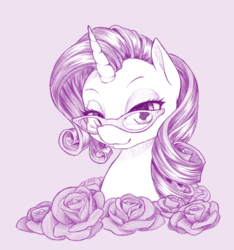Size: 800x853 | Tagged: safe, artist:dstears, rarity, pony, unicorn, g4, bust, cute, female, flower, glasses, glasses rarity, mare, monochrome, portrait, purple, purple background, raribetes, rose, simple background, smiling, solo, white background
