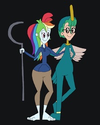 Size: 2089x2609 | Tagged: safe, artist:hunterxcolleen, rainbow dash, oc, oc:stewart gary, human, equestria girls, g4, barefoot, black background, clothes, cosplay, costume, dreamworks, feet, hair dye, high res, humanized, jack frost, pairings, rise of the guardians, simple background, staff, tooth fairy