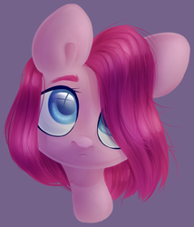 Size: 688x802 | Tagged: safe, artist:belka-sempai, pinkie pie, earth pony, pony, g4, alternate hairstyle, bust, eye reflection, female, gray background, hair over one eye, head tilt, lineless, looking at you, looking away, looking up, mare, pinkamena diane pie, portrait, reflection, sad, short hair, simple background, solo