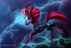 Size: 800x541 | Tagged: dead source, safe, artist:arcadianphoenix, tempest shadow, pony, unicorn, g4, my little pony: the movie, armor, broken horn, eye scar, female, horn, lightning, looking at you, magic, mare, scar, solo, sparking horn