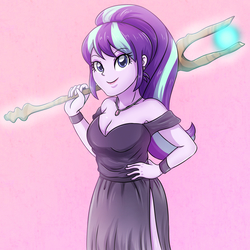Size: 3543x3543 | Tagged: safe, artist:sumin6301, starlight glimmer, equestria girls, g4, bare shoulders, breasts, busty starlight glimmer, cleavage, clothes, dress, female, high res, jewelry, necklace, pink background, s5 starlight, schrödinger's pantsu, side slit, simple background, smiling, solo, staff, staff of sameness, stupid sexy starlight glimmer, total sideslit