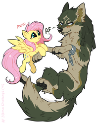 Size: 996x1255 | Tagged: safe, artist:hioshiru, fluttershy, pegasus, pony, wolf, g4, 30 minute art challenge, blushing, crossover, cute, duo, female, legend of zelda: twilight princess, link, male, mare, shyabetes, simple background, smiling, sweet dreams fuel, the legend of zelda, the legend of zelda: twilight princess, white background, wolf link