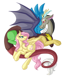 Size: 5000x5965 | Tagged: safe, artist:amazing-artsong, discord, fluttershy, draconequus, pegasus, pony, g4, absurd resolution, blushing, female, looking at each other, male, mare, ship:discoshy, shipping, simple background, smiling, straight, transparent background