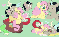 Size: 1500x962 | Tagged: safe, artist:bubblysoaps, discord, fluttershy, draconequus, pegasus, pony, unicorn, g4, cute, discute, female, happy, heart, hug, male, pony discord, ship:discoshy, shipping, shyabetes, simple background, straight, surprised