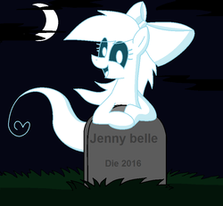 Size: 854x788 | Tagged: safe, artist:pencil bolt, oc, oc only, oc:jenny belle, ghost, ghost pony, pony, black, female, graves, gravestone, moon, smiling, spirit, theponyfuture