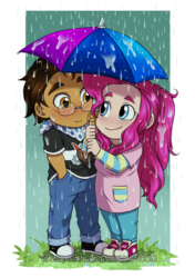 Size: 754x1074 | Tagged: safe, artist:hazurasinner, pinkie pie, oc, oc:copper plume, human, g4, blushing, canon x oc, chibi, clothes, commissioner:imperfectxiii, converse, copperpie, cute, diapinkes, female, glasses, humanized, male, neckerchief, pants, rain, shipping, shirt, shoes, sneakers, umbrella, wet